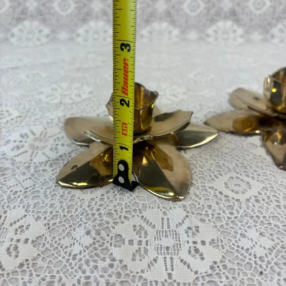 Vintage Brass Lotus Flower Taper Candle Holders Pair Made in India